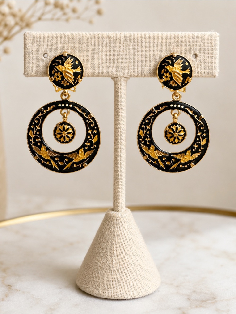 Vintage Damascene Gold & Black Floral Hoop Clip-On Spain Earrings